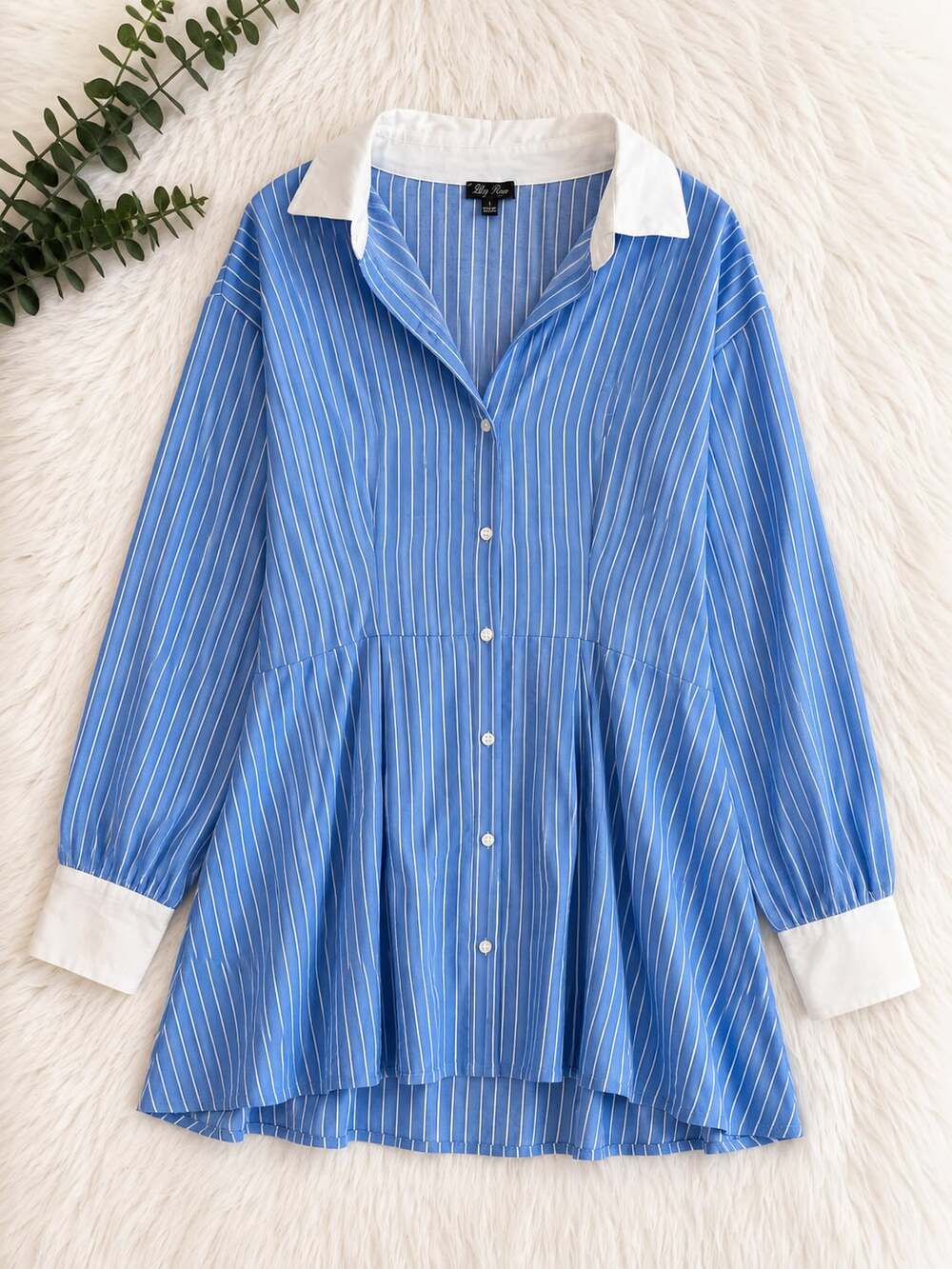 Lily Rose Blue and White Striped Contrast Collar Long Sleeve Shirt Dress